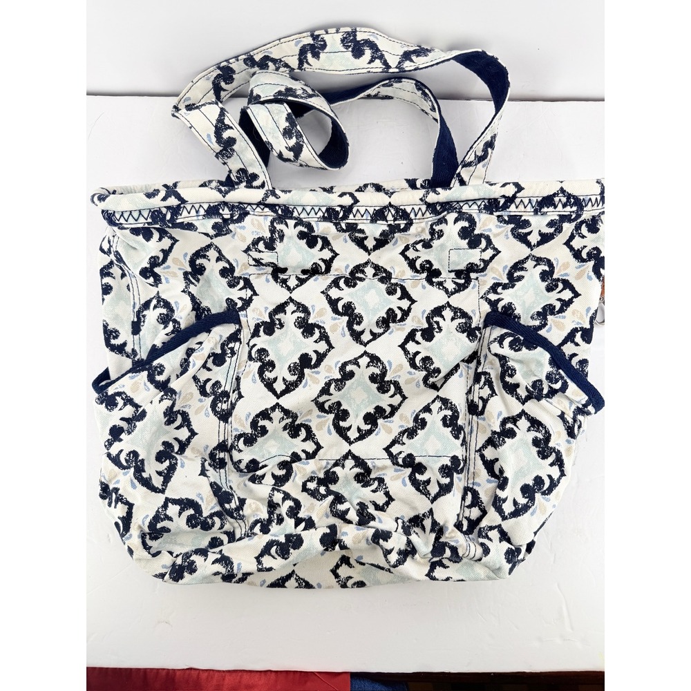 Thirty-One Retro Metro Bag Navy Cream Medallion Damask Canvas Tote Handbag